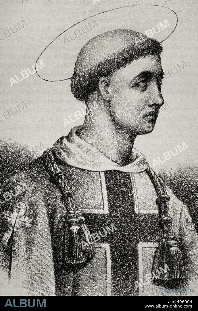 San Antolín de Pamiers o San Antolín. Mártir visigodo de la Galia que vivió en los siglos V y VI. Dibujo por Llanta. Detalle. Litografía. Crónica General de España, Historia Ilustrada y Descriptiva de sus Provincias. Tomo Asturias y León, 1867. Biblioteca Histórico Militar de Barcelona, Cataluña, España.