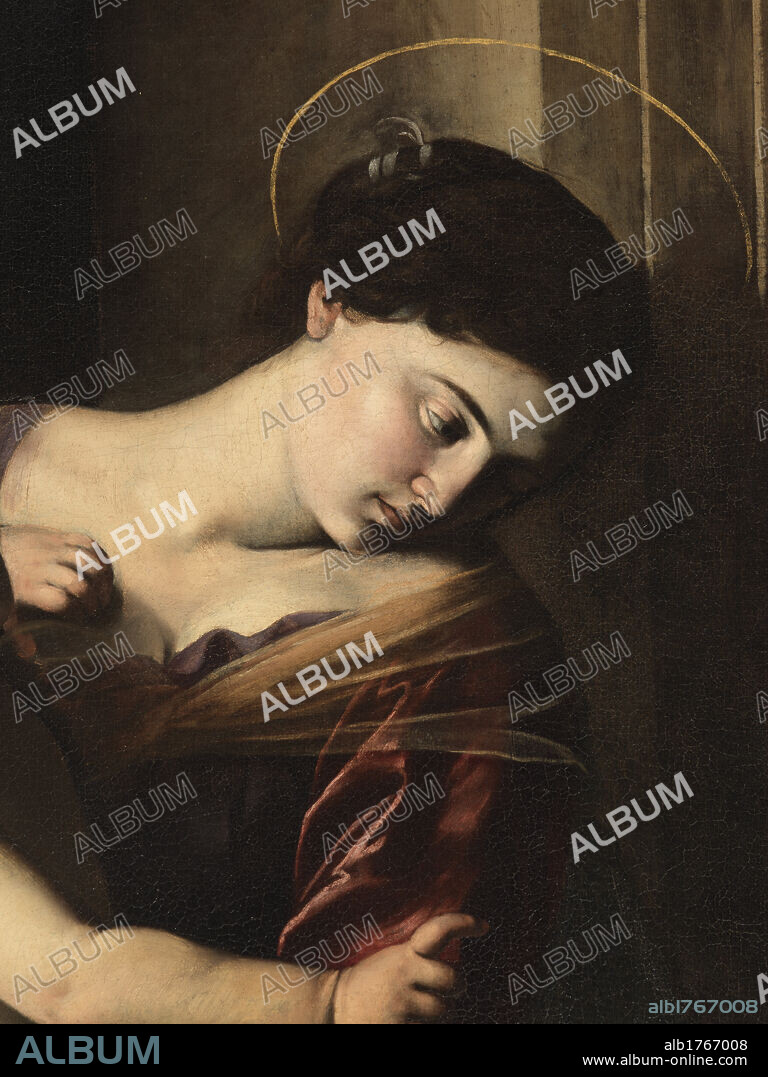 Madonna di Loreto, by Michelangelo Merisi known as Caravaggio, 1604-1606 about, 17th Century, oil on canvas, cm 260 x 150. Italy, Lazio, Rome, SantAgostino Church, Cavalletti Chapel. Detail. Face Madonna aureole halo lowered head neckline., photographic campaign 2009.