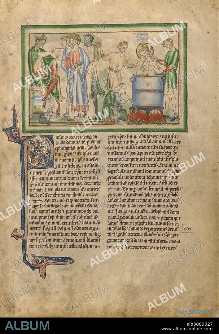 UNKNOWN. Emperor Domitian Speaking to Saint John the Evangelist and Saint John the Evangelist in a Vat of Boiling Oil. Date/Period: Ca. 1255 - 1260. Folio. Tempera colors, gold leaf, colored washes, pen and ink on parchment. Height: 319 mm (12.55 in); Width: 225 mm (8.85 in).