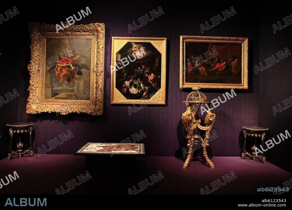 Ludwig XIV., König von Frankreich (1643-1715); 1638-1715. /-Ausstellung "Louis XIV, l'homme et le roi", Schloss Versailles, 20.10.2009-7.2. 2010: zwei Ecktischchen von A.Ch.Boulle, Landkrarte Frankreichs von F.Couplet, Armillarsphäre von J.Martinot, Gemälde von Nicolas Poussin und Jabopo Bassoano (Paris, Louvre).-.