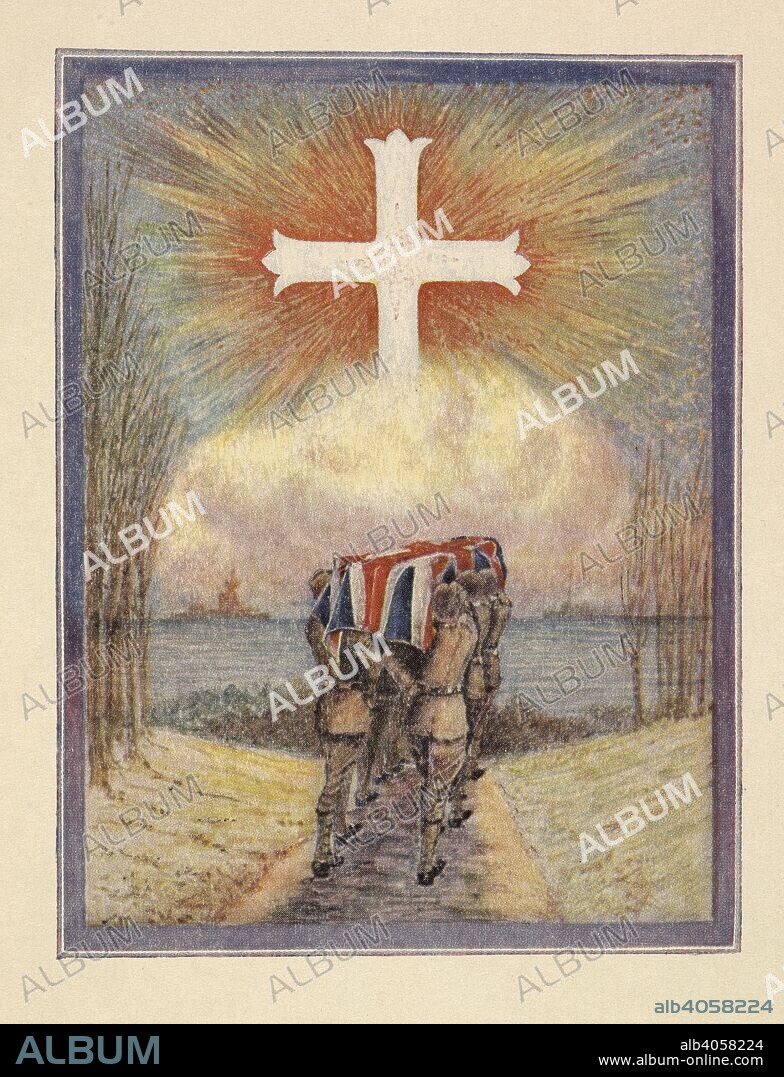 Soldiers as pallbearers, carrying a coffin draped with union jack. A cross above them. . In Flanders fields / by John McCrae. Illuminated by Ernest Clegg. Mount Vernon, N.Y. : William Edwin Rudge, 1921. Source: YA.2001.a.37287 first plate.