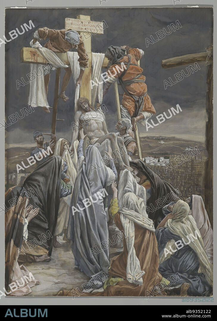The Descent from the Cross, La descent de croix, The Life of Our Lord Jesus Christ, La Vie de Notre-Seigneur Jésus-Christ, James Tissot, French, 1836-1902, Opaque watercolor over graphite on gray wove paper, France, 1886-1894, Image: 13 1/4 x 9 9/16 in., 33.7 x 24.3 cm, apostles, bible, Catholicism, christ, cross, Crucifix, crucifixion, death, deposition, head-scarves, jesus, John 19:38, mary, mary magdalene, Messiah, mourners, new testament, religious, sign, Stations of the Cross, story, Tissot, torture, veils, weeping.