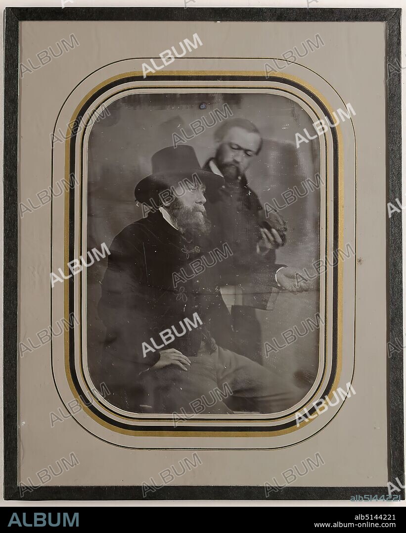 Franz Bertram, The painters Günther Gensler (1803-1884) and Otto Speckter (1807-1871), daguerreotype, picture size: height: 14,20 cm; width: 10,30 cm, in ink: maker, title, portrait photography, double portrait, man, seated figure, standing figure, historical person, artist.