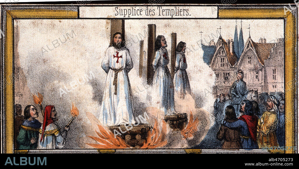 Supplice des templiers en 1314. Illustration anonyme pour le Loto de l'Histoire de France vers 1840. Credit : Collection Grob/KHARBINE-TAPABOR.