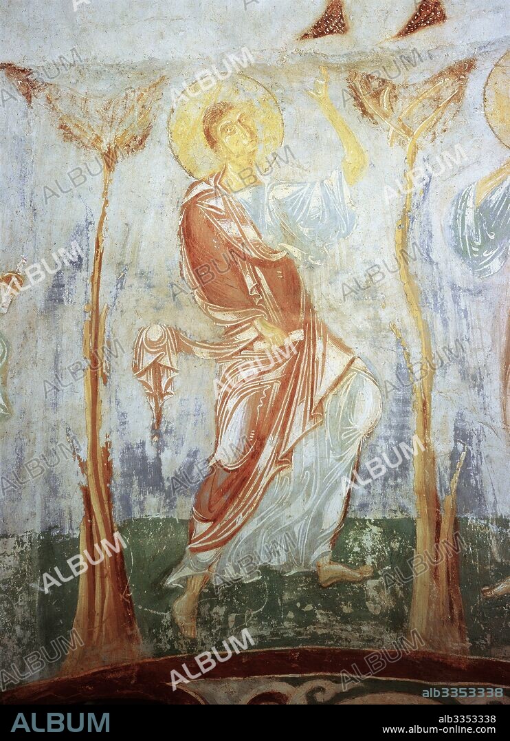 ANCIENT RUSSIAN FRESCOS. Thomas the Apostle. Fresco of the St. George's Church, Staraya Ladoga.