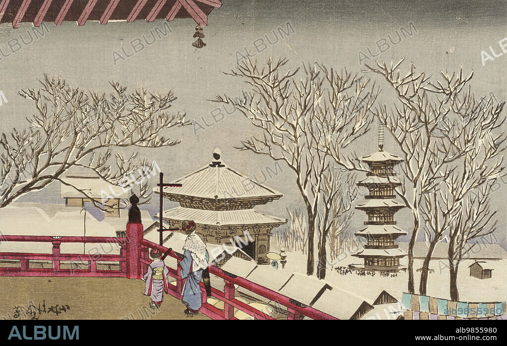 KOBAYASHI KIYOCHIKA. Snow Scene at Asakusa Temple, 1881.