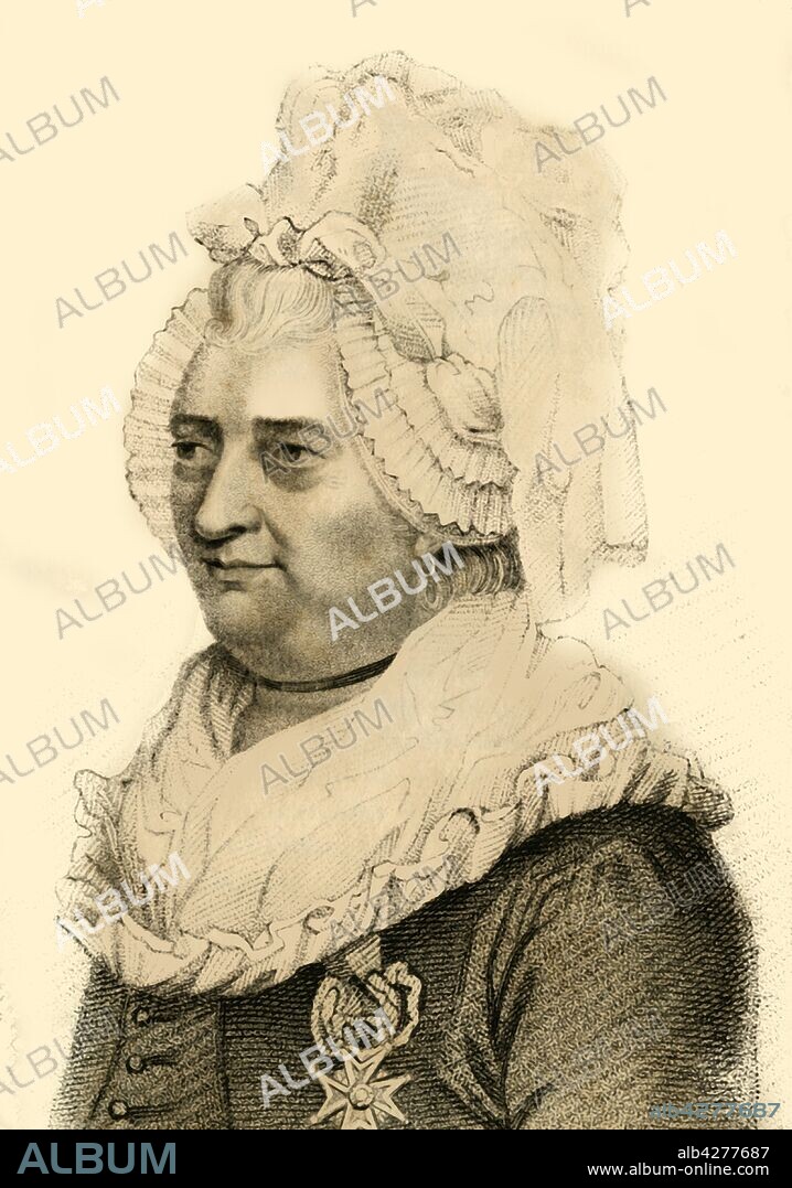 ROBERT COOPER. 'Chevalier D'Eon, Who many years passed as a Woman', 1822. Portrait of the secret agent, spy and cross-dresser Charles Geneviève Louis Auguste André Timothée d'Eon de Beaumont (1728-1810), in an elaborate bonnet and wearing a Maltese cross. In this disguise he was known as 'La Chevaliere d' Eon'. From "Wonderful Characters: Comprising Memoirs and Anecdotes of the Most Remarkable Persons of Every Age and Nation", Vol. III, by Henry Wilson. [J. Robins and Co. Albion Press, London, 1821].