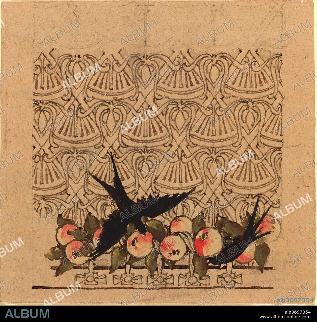 KAREL VITEZSLAV MASEK. Ornamental design with two birds pecking at fruit. Dated: c.1890s. Dimensions: image: 10.7 x 10.6 cm (4 3/16 x 4 3/16 in.). Medium: watercolor with pen and brown ink and graphite.