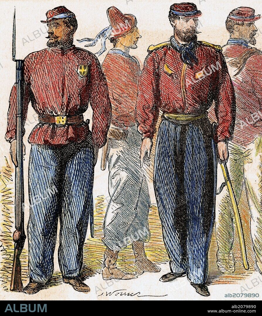 Italian Unification (1859-1924). Italian Volunteers known as "Redshirts". Colored engraving of "L'Illustration", 1860.
