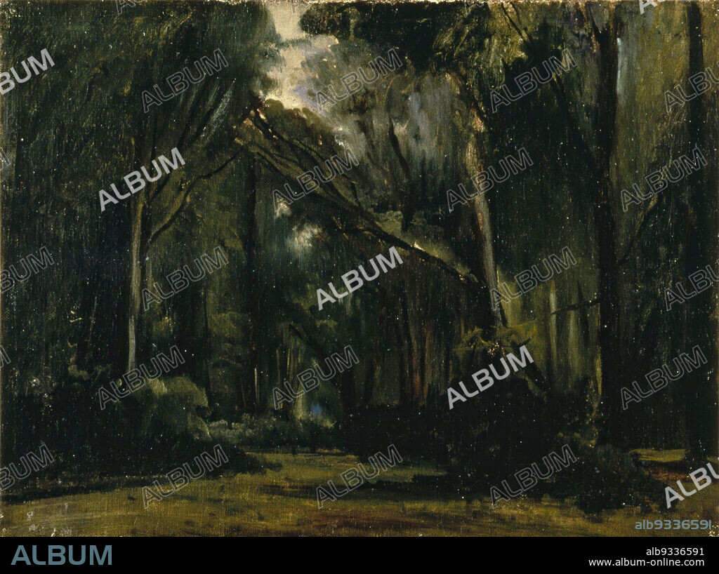 Landscape in the Forest at Compiègne, Paul Huet, French, 1803-1869, Oil on canvas, France, 1826-1828, 13 x 17 1/8 in., 33 x 43.5 cm, Barbizon, dark, dark forest, European, forest, france, french, French Countryside, grass, green, landscape, Landscape in the Forest at Compiègne, life, live, oil, oil on canvas, outdoors, painting, paul huet, plein air, sky, sous-bois, trees, vegetation, woods.
