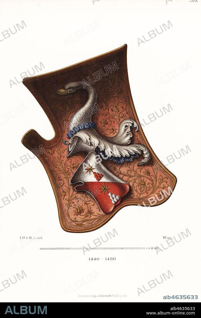 Italian heraldic shield or targe from the mid-15th century. With escutcheon and coat of arms, great helm crested with a swans head, the crest of the Chigi family of Sienna. Chromolithograph from Hefner-Alteneck's Costumes, Artworks and Appliances from the Middle Ages to the 17th Century, Frankfurt, 1889. Illustration by Dr. Jakob Heinrich von Hefner-Alteneck, lithographed by C.R. Dr. Hefner-Alteneck (1811 - 1903) was a German museum curator, archaeologist, art historian, illustrator and etcher.
