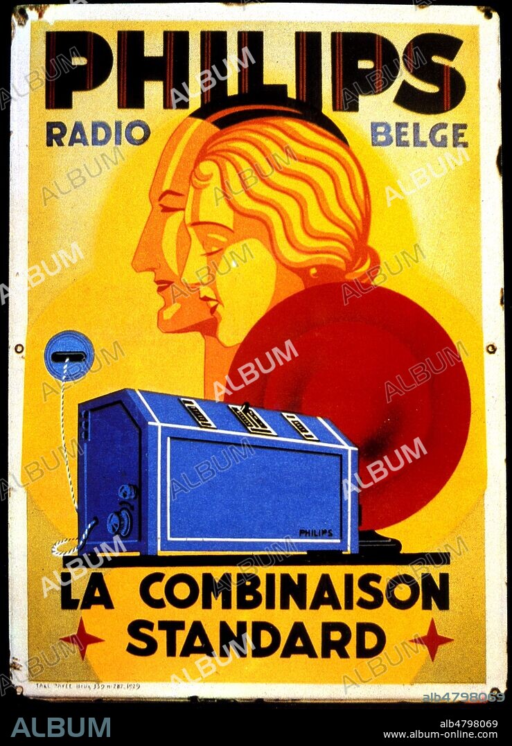 Plaque emaillee publicitaire belge pour les postes de radio Philips en 1929 : 'La combinaison standard'. Credit: Collection Kharbine-Tapabor.