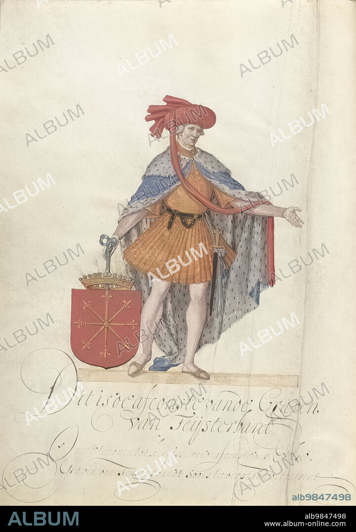 Boudewijn Von Kleve Teisterbant, c.1600-c.1625. Count Boudewijn van Kleef and Teisterbant with the coat of arms of Kleef. From an illustrated manuscript with the genealogy of the lords and counts of Culemborg. Attributed to Nicolaes de Kemp.