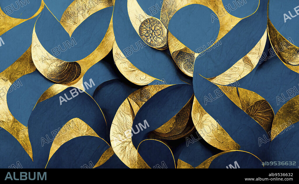 Abstract pattern of organic shapes in gold leaf on blue background.