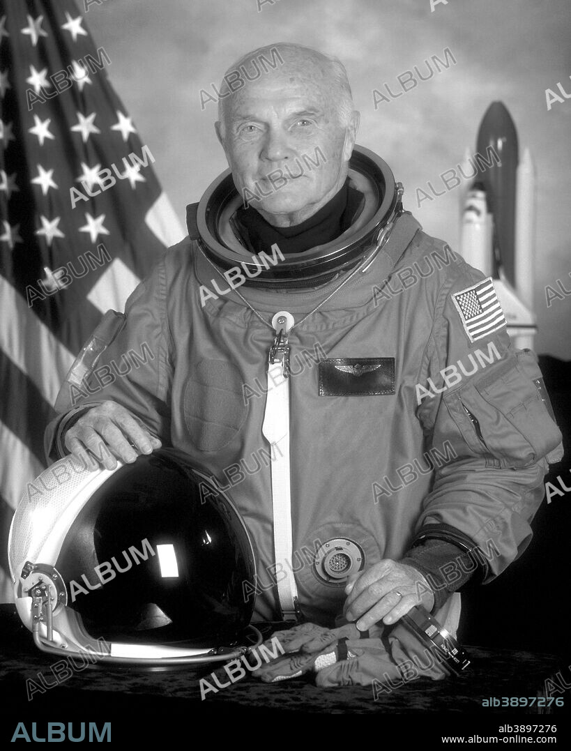 Digitally restored American history photo of astronaut John Glenn before his spaceflight on October 29, 1998. Glenn lifted off on Space Shuttle Discovery's STS-95 flight.