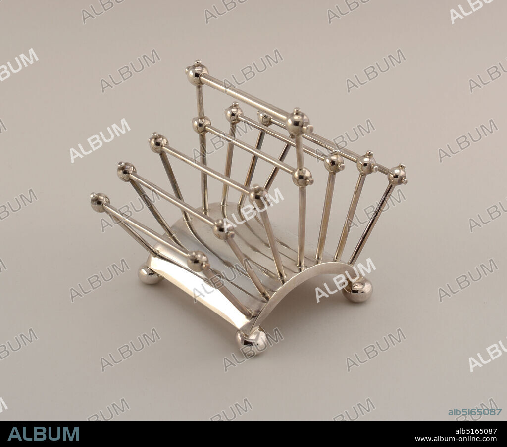 Toast Rack, Christopher Dresser, Scottish, 1834 1904, Hukin & Heath, Birmingham, England, 1855-1953, Silver-plated metal, Electroplated silver. Curved base, four bun feet. Seven sets of parallel posts with connecting rods and ball joints, the center ones with an extra raised section to serve as a handle., Birmingham, England, designed 1881, metalwork, Decorative Arts, Toast Rack.