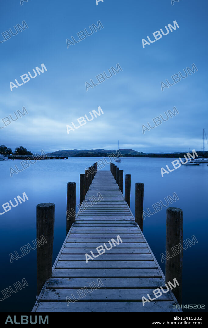 Jetty at dusk, Lake Windermere, Lake District National Park, UNESCO World Heritage Site, Cumbria, England, United Kingdom, Europe.