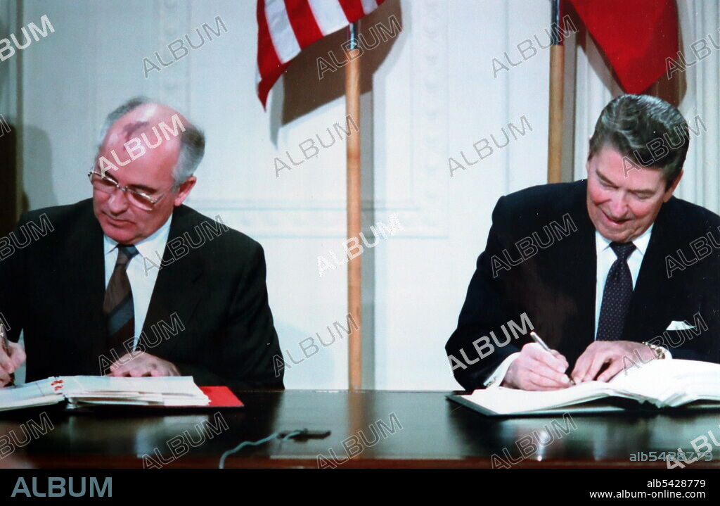 Mikhail Gorbachev and Ronald Reagan sign the INF Treaty. The Intermediate-Range Nuclear Forces Treaty (INF Treaty) Between the United States of America and the Soviet Union, was an arms control treaty, signed on 8 December 1987.