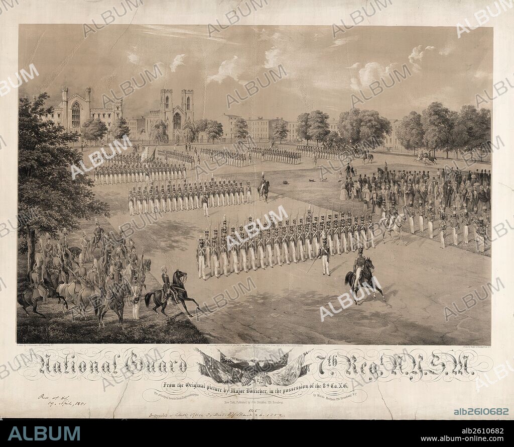 National Guard 7th Reg[imen]t N.Y.S.M. / on stone by C[harles] Gildemeister, 289 Broadway N.Y. ; print by Nagel & Weingaertner N.Y.; Gildemeister, Karl, 1820-1869, artist; Boetticher, Otto, approximately 1816- , publisher; New York : Otto Bötticher ; c1852.; 1 print : lithograph, tinted ; 82 x 105 cm.; Print showing a mounted figure reviewing troops on a parade ground with gothic buildings in the background.