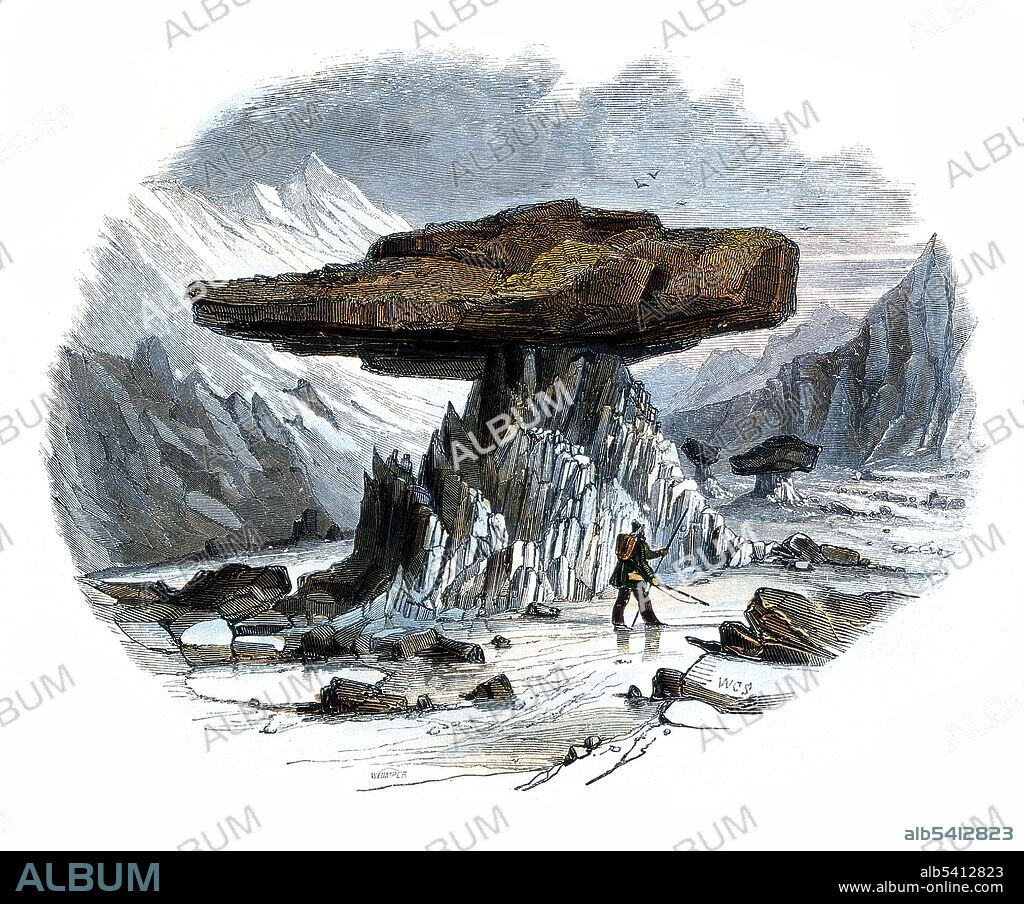 A balancing rock, also called balanced rock or precarious boulder, is a naturally occurring geological formation featuring a large rock or boulder, sometimes of substantial size, resting on other rocks, bedrock, or on glacial till. Some formations known by this name only appear to be balancing, but are in fact firmly connected to a base rock by a pedestal or stem. Watercolored engraving by Charles H. Whymper, undated.