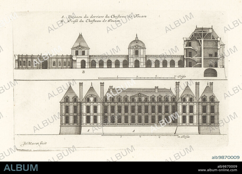 The Chateau des Ducs de La Tremoille, or Castle of the Dukes of La Tremoille. Elevation of the back of the castle A, and profile B. Elevation du derriere du Chasteau de Touars. Profil du Chasteau de Touars. Copperplate engraving drawn and engraved by Jean Marot from his Recueil des Plans, Profils et Elevations de Plusieurs Palais, Chasteaux, Eglises, Sepultures, Grotes et Hotels, Collection of Plans, Profiles and Elevations of Palaces, Castles, Churches, Tombs, Grottos and Hotels, chez Mariette, Paris, 1655.