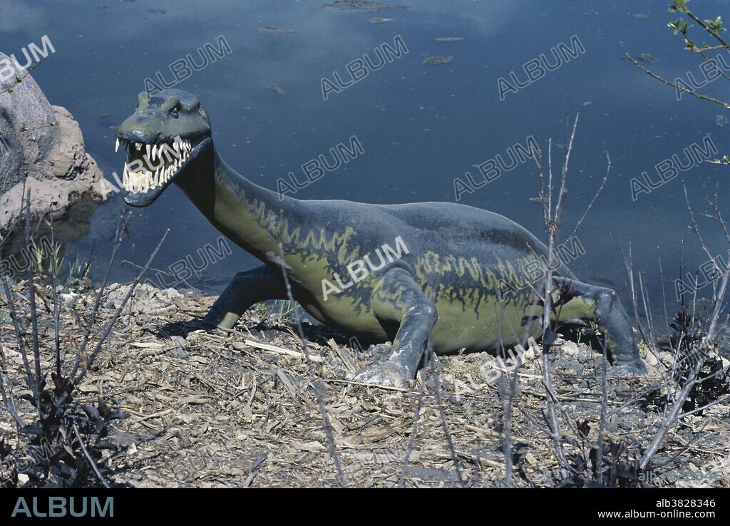 Nothosaurus, a marine reptile from the Triassic Period, in the Calgary Zoo's Prehistoric Park.