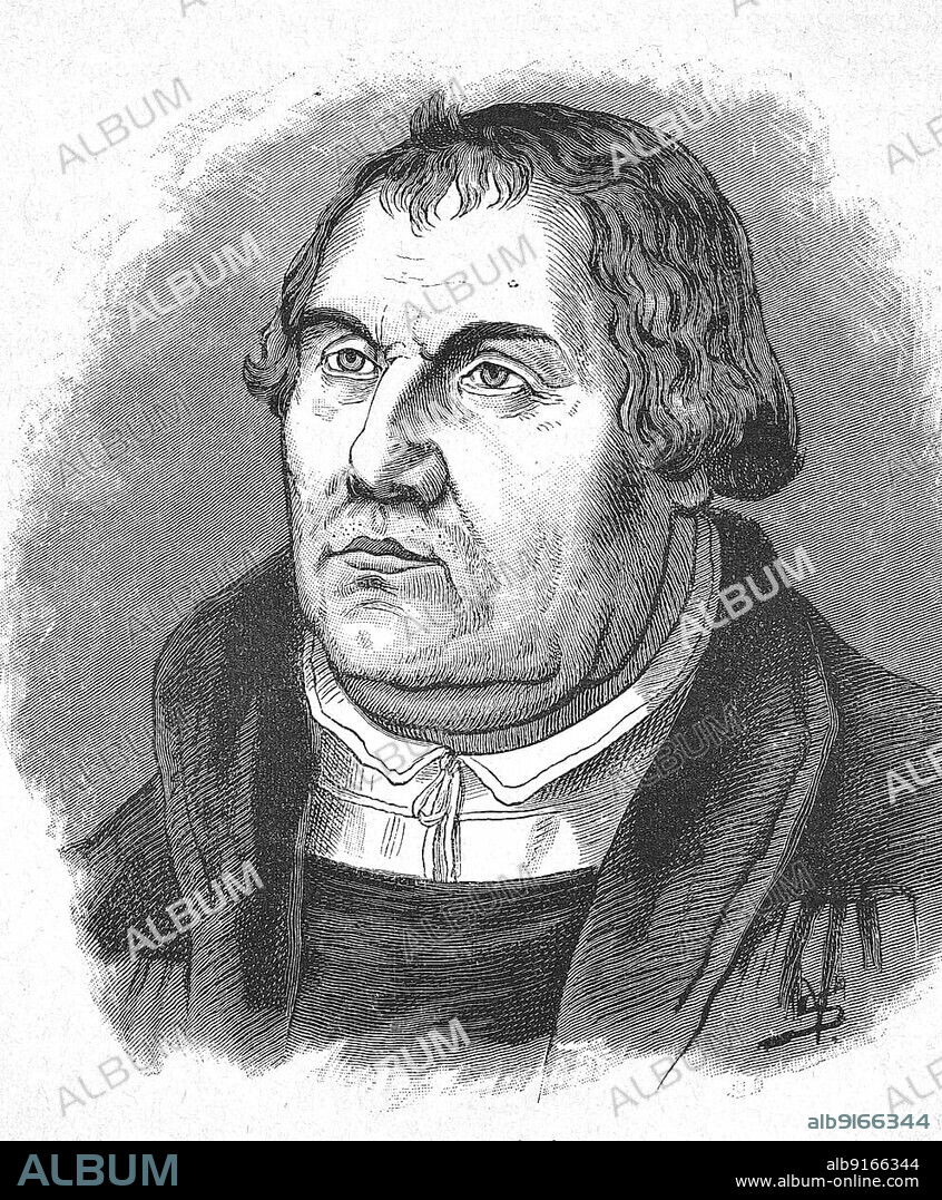Martin Luther (born 10 November 1483) (died 18 February 1546) was the theological originator of the Reformation, Historical, digitally restored reproduction of a 19th century original, exact original date unknown.