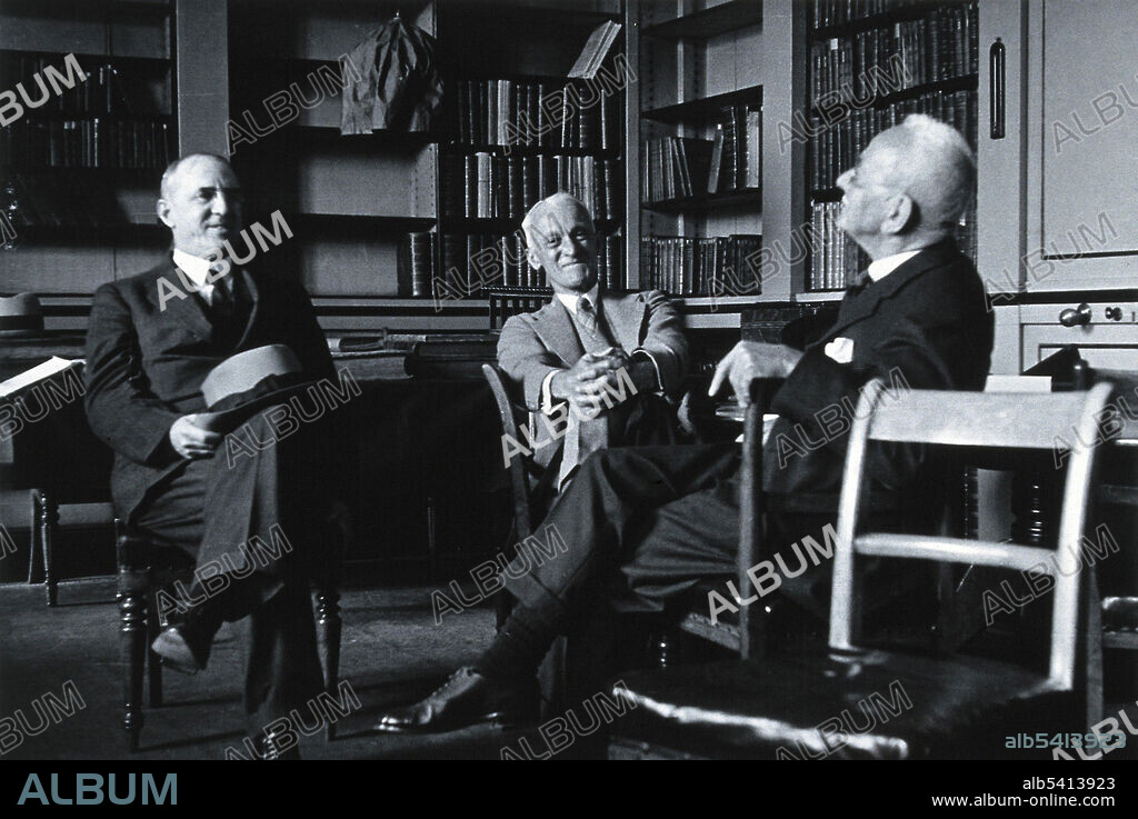Lynn Thorndike, Harvey Williams Cushing and Sir Charles Scott Sherrington, 1938. Harvey Williams Cushing (1869-1939), was an American neurosurgeon and a pioneer of brain surgery, and the first to describe Cushing's syndrome. He is often called the "father of modern neurosurgery." He wrote numerous studies on surgery of the brain and spinal column and to made important contributions to bacteriology and the study of blood pressure in surgery. Sir Charles Scott Sherrington (1857- 1952) was an English neurophysiologist, histologist, bacteriologist, and a pathologist, Nobel laureate and president of the Royal Society in the early 1920s. He received the Nobel Prize in Physiology or Medicine with Edgar Adrian, 1st Baron Adrian, in 1932 for their work on the functions of neurons. Lynn Thorndike (1882-1965) was an American historian of medieval science and alchemy.