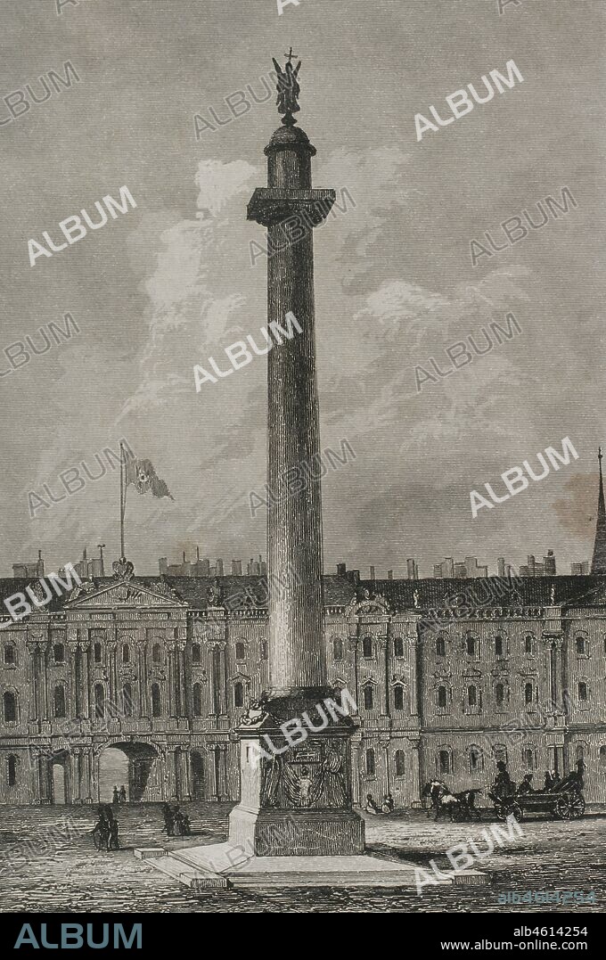 Rusia. San Petersburgo. Columna de Alejandro o Columna Alejandrina. Erigida en 1834 para conmemorar la victoria rusa en la guerra contra la invasión francesa. Grabado por Lemaitre. Historia de Rusia por Chopin. Panorama Universal, edición española de 1839.