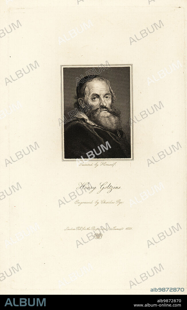 Portrait of Hendrick Goltzius, German-born Dutch printmaker, draftsman, and painter. Steel engraving by Charles Pye after a self-portrait by Goltzuis from Edward Walmsleys Physiognomical Portraits, One Hundred Distinguished Characters, John Major, London, 1821.