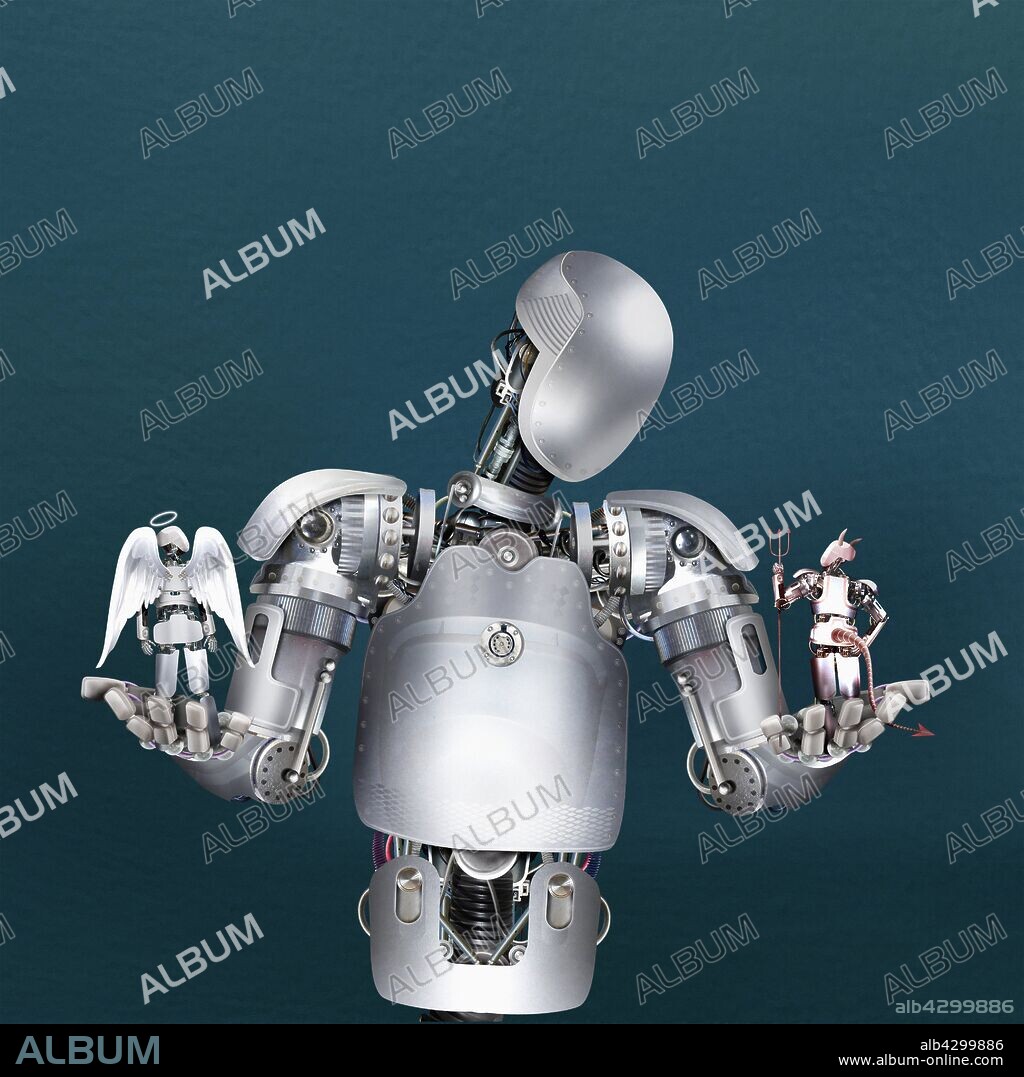 Robot weighing up good and evil robots.