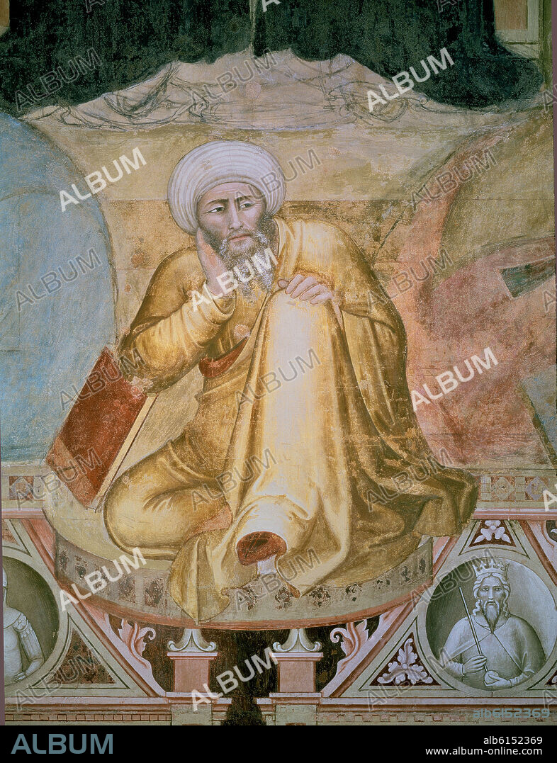ANDREA BONAIUTO (1343-1377). Italian school. The Triumph of Saint Thomas Aquinas. Detail : Averroes. 1365-1368. Fresco. Florence, Santa Maria Novella church, Spanish Chapel.