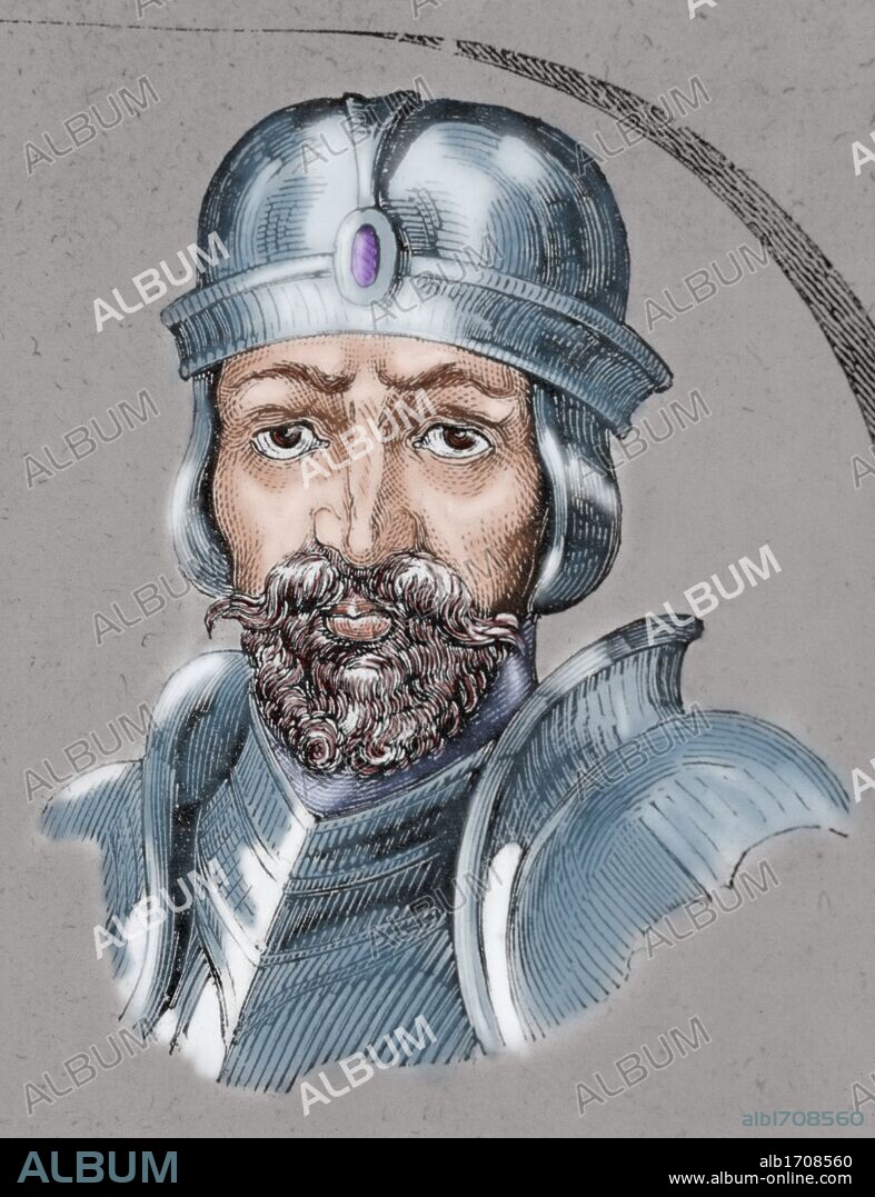 Roderic. Visigoth king (709-711). He lost the throne when the peninsula was invaded by the Muslims. Colored engraving.