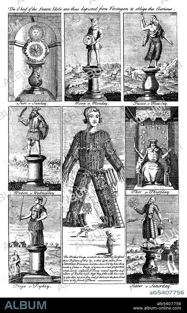 A wicker man inside which people are sacrificed, surrounded by the principal deities of the Saxons. Wicker Man was a Druidic effigy built out wood and straw, then covered with grass to form a giant man. Legend states that the Druids packed the hollow statues with humans and animals and set them alight in sacrifice to the Celtic gods Taranis, Esus and Teutates. The Wicker Man ceremony was a harvest sacrifice meant to appease the gods of the earth and trees. The rite of burning straw men, sans sacrificial victims, persisted well into the 19th century in spring and midsummer festivals throughout Europe, which often swapped the ceremony's pagan tropes for Christian ones. Etching by Smith after R. Verstegen and A. Sammes, 1550-1640 (cropped and cleaned).