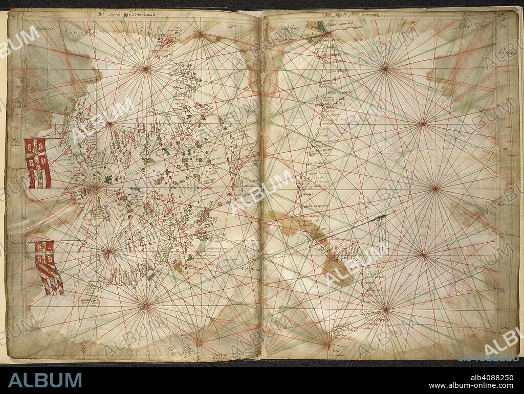 PIETRO VESCONTE. Portolan chart of the Eastern Mediterranean, with Greece, Turkey, the Black Sea, and Crete. Maps of the Liber Secretorum Fidelium Crucis. Italy (Venice); circa 1320-1325. Source: Add. 27376*, ff.183v-184. Language: Latin.