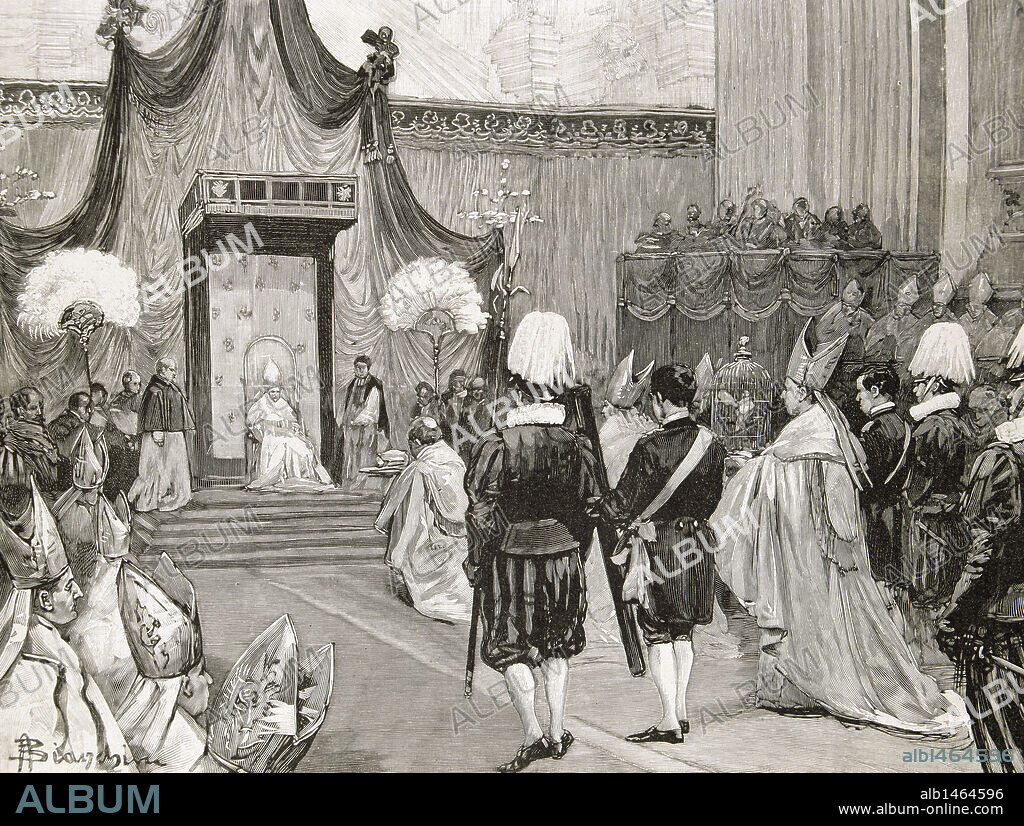 LEON XIII (Vincenzo Gioacchino Pecci) (1810-1903). Papa italiano (1878-1903). "CEREMONIA DE CANONIZACION DE JUAN BAUTISTA DE LA SALLE (AÑO 1900) ". Grabado de 'L'Illustration Journal Universel'. S. XIX-XX (S. XIX-S. XX) .