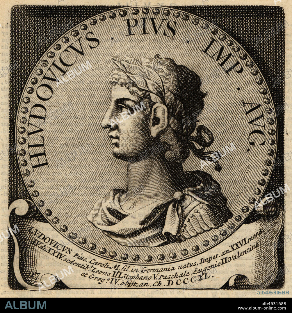 Holy Roman Emperor Louis the Pious, Ludovicus Pius, 778-840, the Fair, the Debonaire, King of the Franks and co-emperor with his father Charlemagne. Copperplate engraving from Abraham Bogaerts De Roomsche Monarchy, The Roman Monarchy, Francois Salma, Utrecht, 1697.