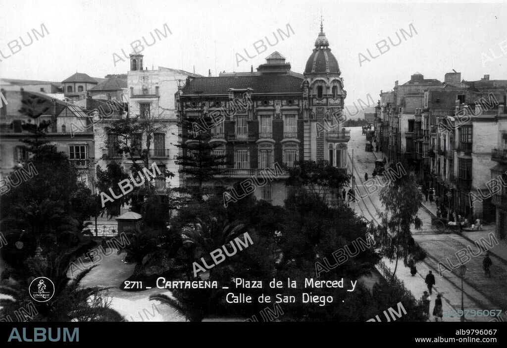 1940. Plaza de la Merced and Calle San Diego in Cartagena (Murcia).