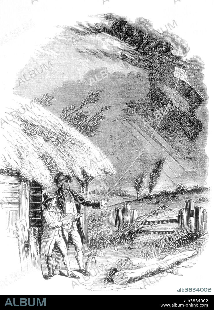 Benjamin Franklin's experiment with the kite "..when the string was thoroughly wet, abundance of electricity was procured..." Benjamin Franklin (1706-1790), American scientist, inventor and statesman. Franklin showed that lightning is electricity by flying a kite carrying a metal key during a thunderstorm. This led to his invention of the lightning rod to protect buildings from lightning strikes. He also invented fins for swimming, bifocal glasses, a urinary catheter and showed that evaporation cooled objects. In between all this, he also found time to found the USA, help shape the revolution and be a signatory of the Declaration of Independence.