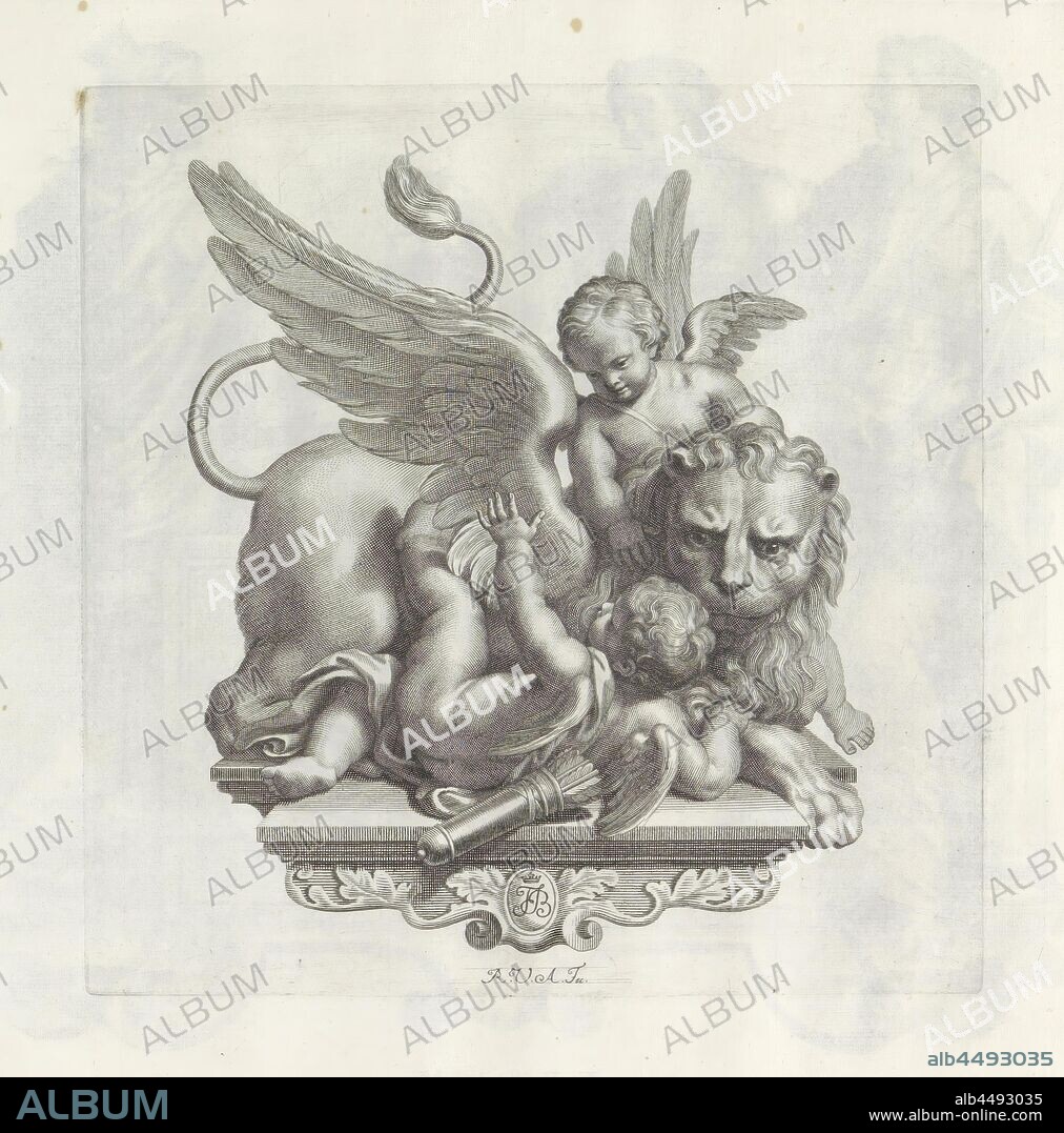 Allegory of the love for Venice Numismata virorum illustrium ex Barbadica gente (series title), A console with the lion of St. Mark, symbol of Venice. He is hugged by Amor: two English with arrow quiver on the back. The print is part of an album, lion (possibly with book), symbol of St. Mark, cupids: 'amores', 'amoretti', 'putti', Robert van Audenaerd (mentioned on object), Rome, 1673 - 1743, paper, engraving, h 182 mm × w 180 mm.