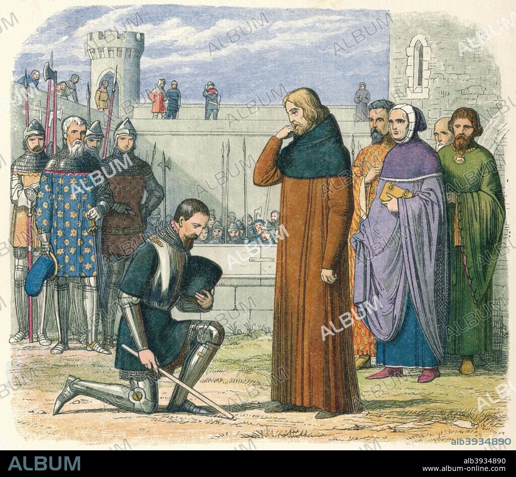 'Meeting of Richard and Henry', 1864. Henry VI, (1367-1413)  kneels before Richard II, (1367-1400) at Flint Castle, Wales 1399. From A Chronicle of England B.C. 55 - A.D. 1485 by James E. Doyle. [Longman, Green, Longman, Roberts & Green, London, 1864].