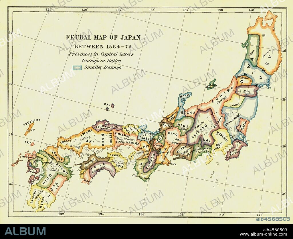 Feudal Map of Japan between 1564 -73', (1903). The feudal period of Japanese  history was a time when powerful families (daimyo) and  military warlords (shogun) ruled Japan. In 1543, a Portuguese trade ship landed introducing guns to Japanese society. From 'A History of Japan during the century of early foreign intercourse' (1542-1651) by James Murdoch, M.A. and Isoh Yamagata. [Kobe, Japan, 1903].