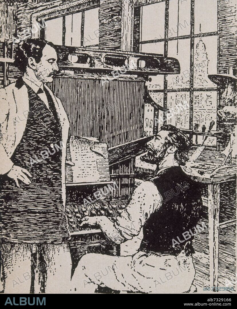 MERGENTHALER MUESTRA LA MAQUINA DE LINOTIPIA A OGDEN REID DIRECTOR DEL PERIODICO HACIA 1885.