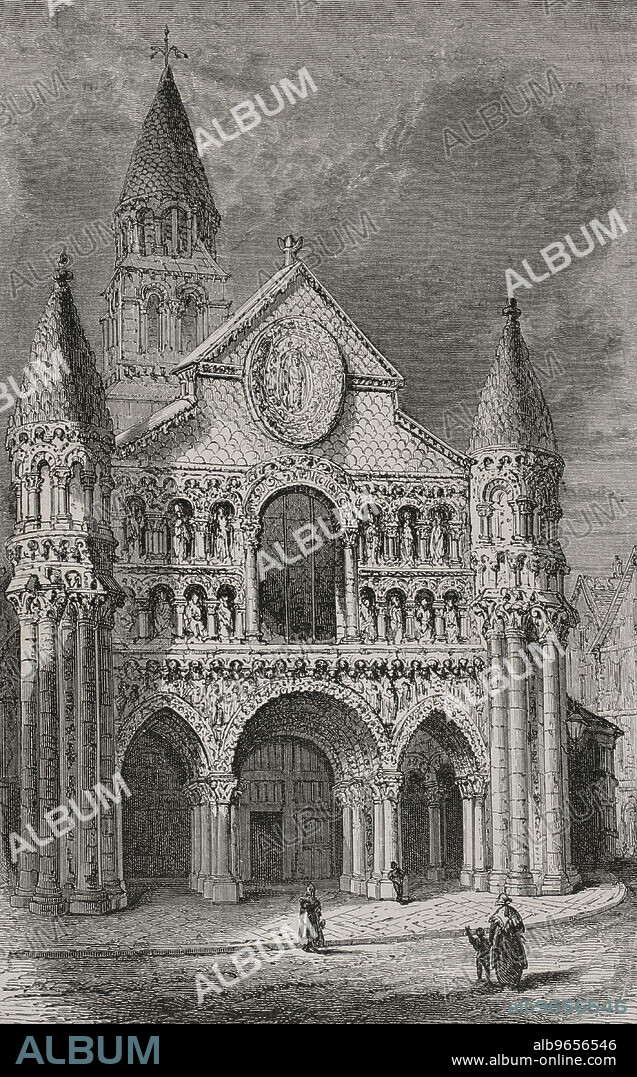 Francia. Poitiers. Iglesia de Notre-Dame la Grande. Estilo románico. Grabado. Les Arts au Moyen Age et a l'Epoque de la Renaissance", por Paul Lacroix. París, 1877.