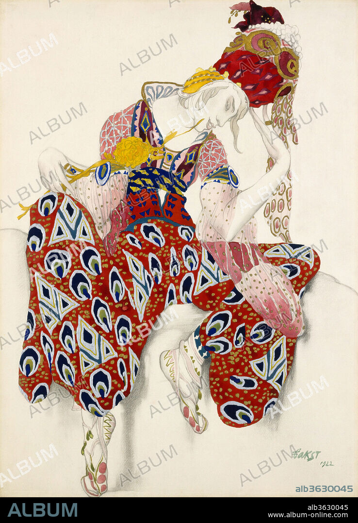 LEON BAKST. Costume Study for Vaslav Nijinsky in the Role of Iksender in the Ballet "La Péri" (The Flower of Immortality), first performed in Paris, 1912. Artist: Léon Bakst (Russian, Grodno 1866-1924 Paris). Dimensions: 26 5/8 x 19 1/4in. (67.6 x 48.9cm). Date: Dated 1922.
Léon Bakst was already an experienced portraitist, illustrator, and set designer in 1909 when he joined with Serge Diaghilev to found the Ballets Russes. This design for a costume to be worn by the renowned male dancer Vaslav Nijinsky (1890-1950) demonstrates Bakst's involvement with Symbolism and Art Nouveau, as well as his dramatic use of color and sensuous line.