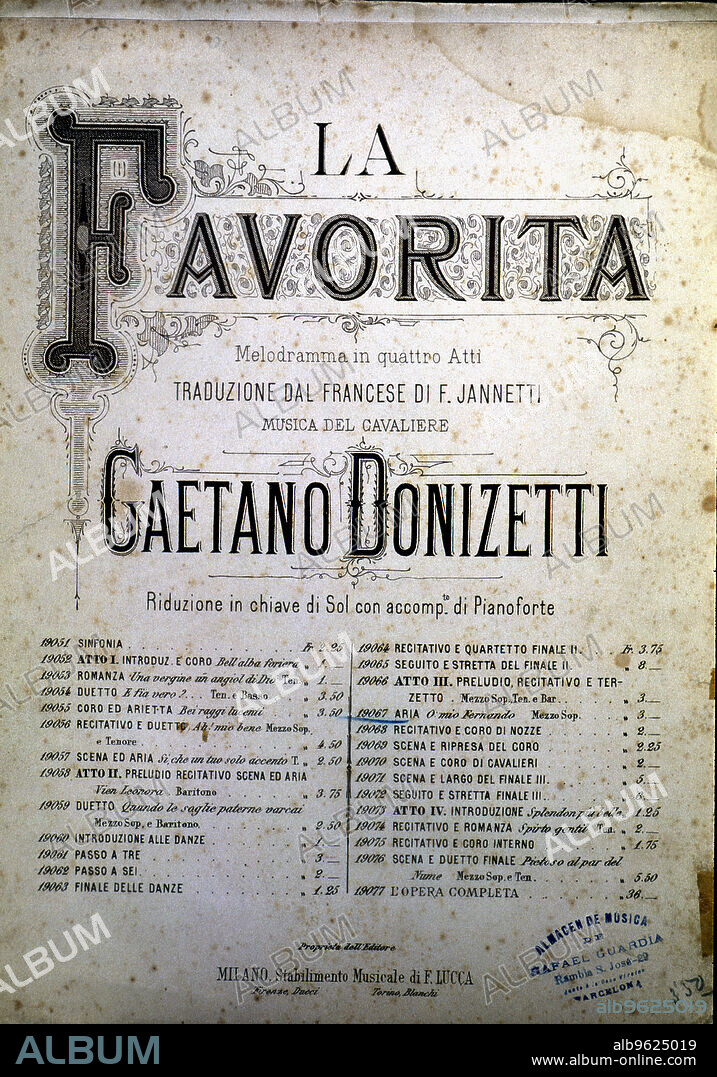 Cover of the score of the opera 'The Favourite' by Gaetano Donizetti.