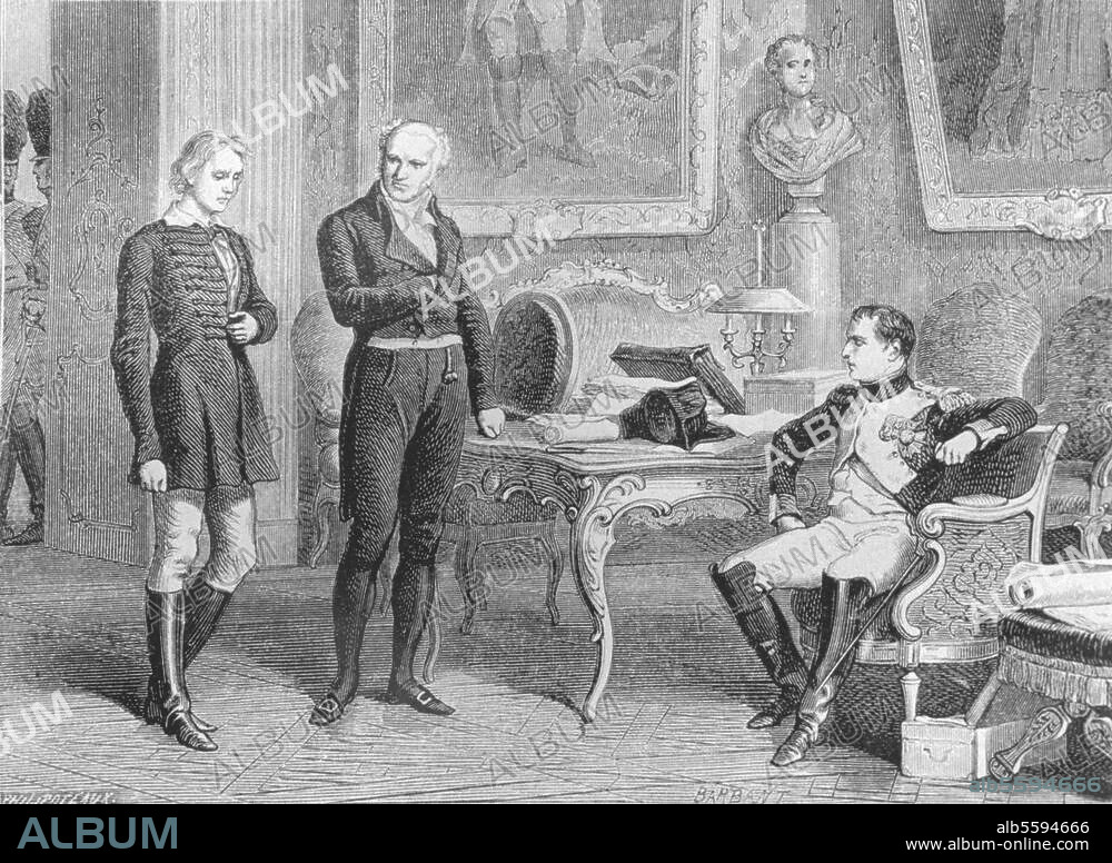 FELIX PHILIPPOTEAUX. Staps, Friedrich ; patriote allemand . 1792-1809. "Interrogatoire de Staps par Napoléon" (Schönbrunn, 12 oct. 1809; le jeune patriote avait essayé d'assassiner Napoléon ; celui-ci après l'avoir interrogé le livre à une commission militaire qui le fera exécuté). Grav. sur bois (ill. de livre) de Charles Barbant d'ap. dessin de F.Philipoteaux (1815-84). Tiré: Adolphe Thiers, Histoire de l' Empire, faisant suite à l' Histoire du Consulat, Paris (Lheureux), 1866, Tome II, p. 353.