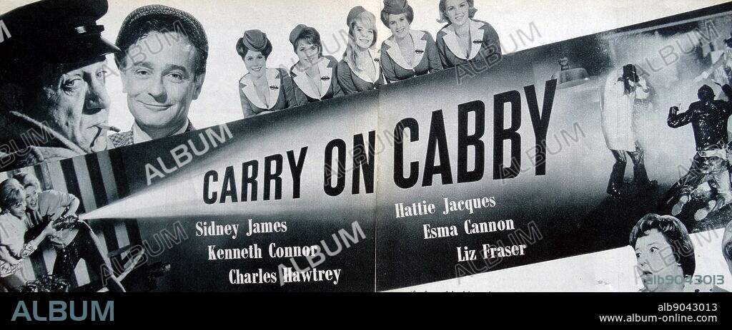 Advertising poster for the 1963 film Carry On Cabby, starring Sid James, Hattie Jacques, Kenneth Connor and Charles Hawtrey.