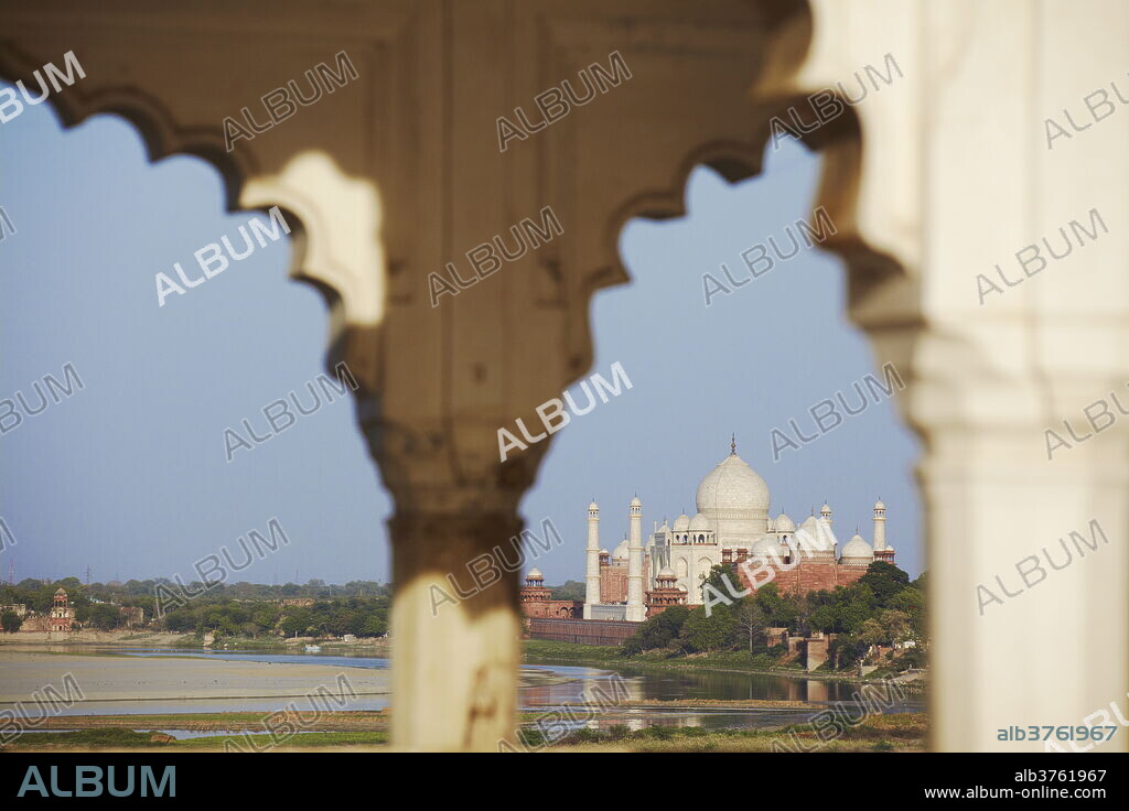 View of Taj Mahal from Agra Fort, UNESCO World Heritage Site, Agra, Uttar Pradesh, India, Asia.
