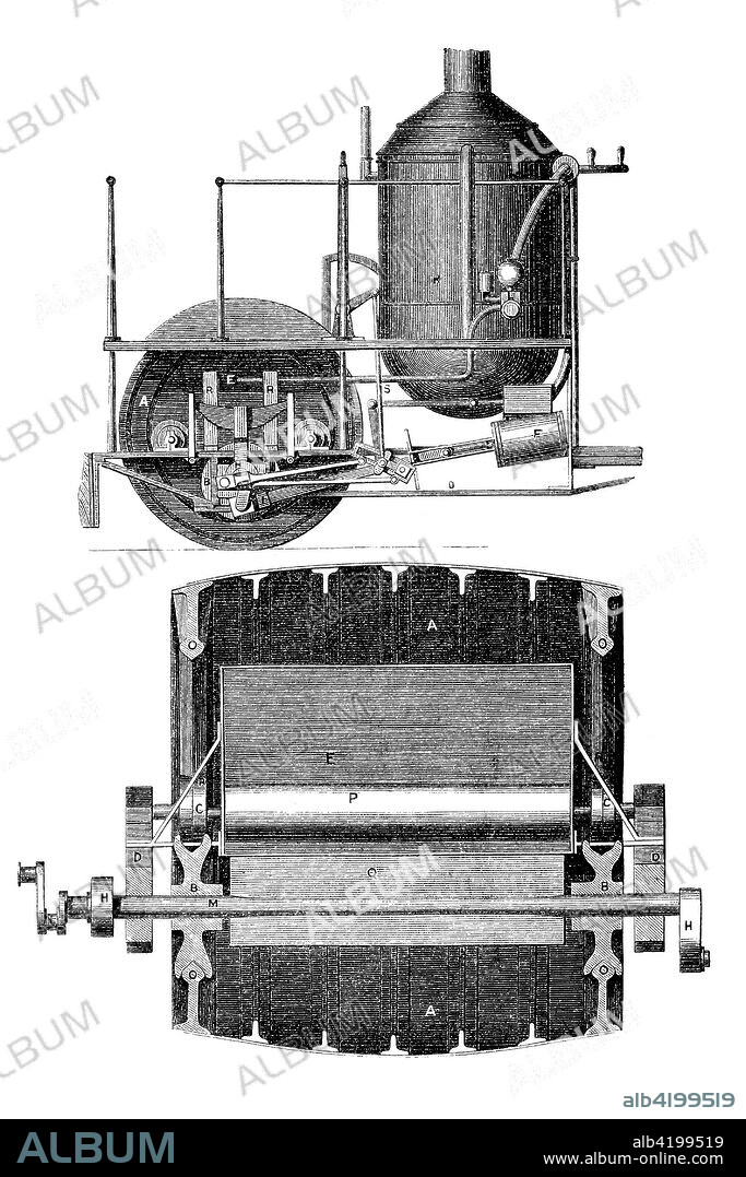 Construction drawings of the steam traction engine of Simon Stevens, vertical view and side view of the tractor for omnibuses and other cars for the road, industrial product from the year 1880, digital improved reproduction of a woodcut from the year 1880.